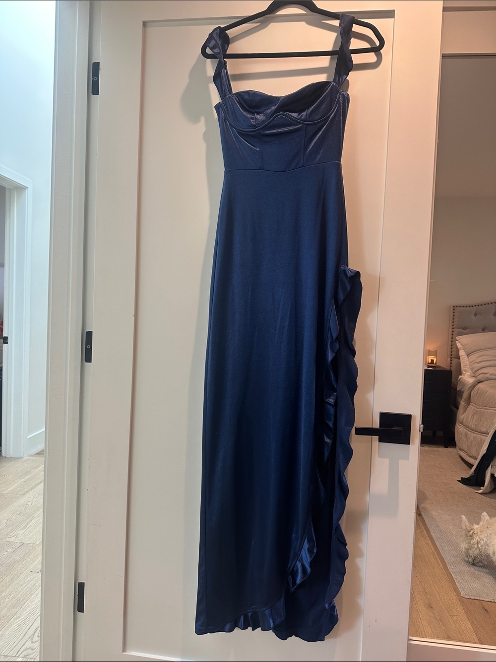 Lucy in the Sky Navy Satin Ruffle-Trim Maxi Dress